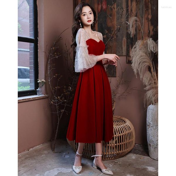 Ethnische Kleidung Chinesischer Stil Abendpartykleid Sexy Mesh Burgunder Samt Vintage Qipao Cheongsam Frauen Halbarm Promi Bankett