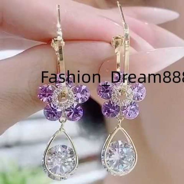 Brincos Agulha de Prata S925 Cristal Roxo Flor Brinco Ametista Pingente de Diamante Brinco Charme Brinco de Zircônia Cúbica