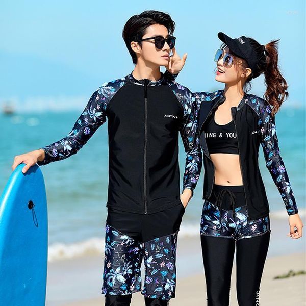 Roupa de banho feminina Coreano Manga Longa Casal Dividido Maiô Feminino Conjunto de Cinco Peças Tecido Estampado Estilo Esportivo Moda Conservador Senhoras