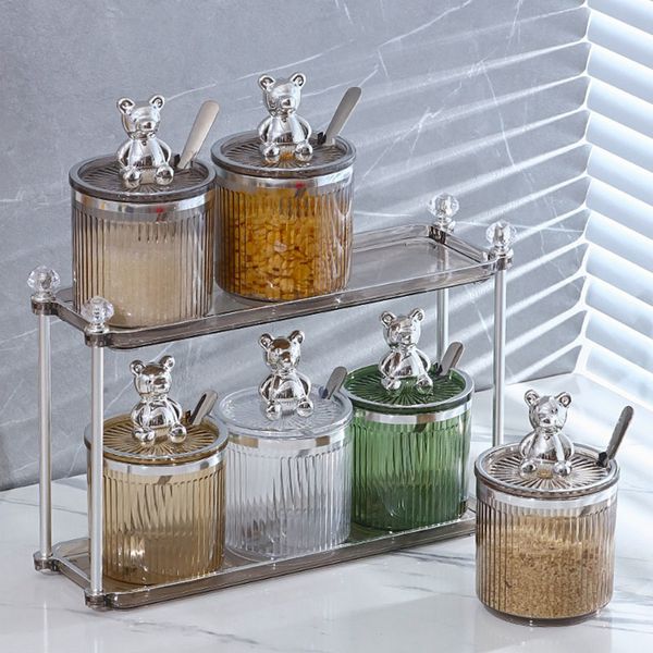 Organizzazione di stoccaggio della cucina Barattolo di condimento dell'orso creativo Set di spezie a strisce Sale Zucchero Pepe Salsa di soia Aceto Accessori 230627