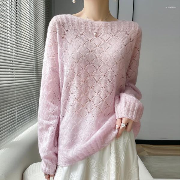 Suéter Feminino Suéter Goat Cashmere Roupas Femininas Malha Uma Linha Decote Pulôver Casual Solto Moda Coreano Leve Quente