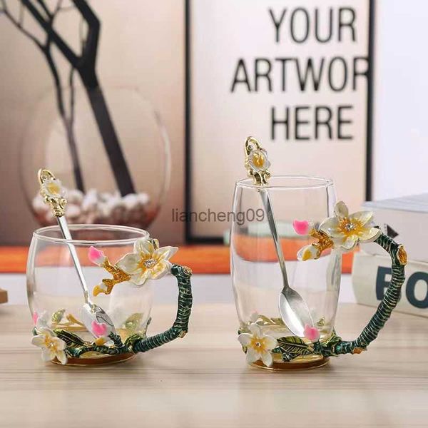 Europäischer aristokratischer Stil Emaille-Glasbecher Teetasse Kaffeetasse Gelbe Blumen Bemalte Blumenwasserbecher Klarglasbecher L230620