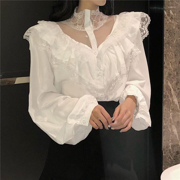 Camicette da donna Sping coreano dolce abiti larghi con lacci increspato moda donna girocollo donna top camicie vintage 0020