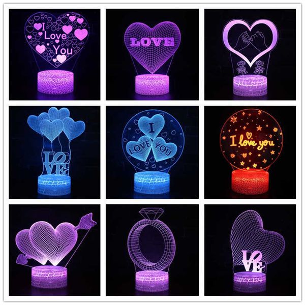 Luci Ti amo Rose a forma di cuore San Valentino Serie 3D LED Night Light Camera da letto Lampada decorativa Festa di compleanno Decorazione di nozze HKD230628