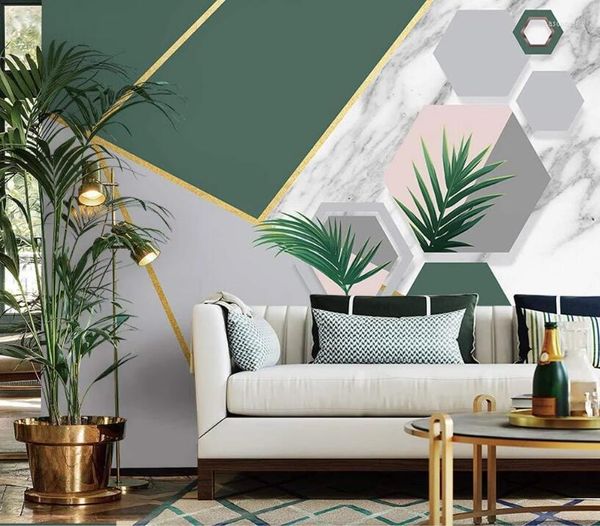 Tapeten Bacal Benutzerdefinierte Moderne Grüne Nordic Geometrische Marmor Tropische Pflanzen Hintergrund Wand Wohnzimmer Schlafzimmer 3D Tapetenwandbilder