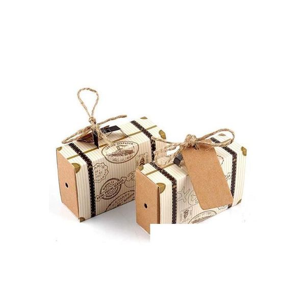 Confezione regalo Mini valigia Bomboniera Borsa regalo di caramelle Carta kraft vintage con etichetta Spago di tela per matrimonio Festa a tema da viaggio Nuziale Dh4H7