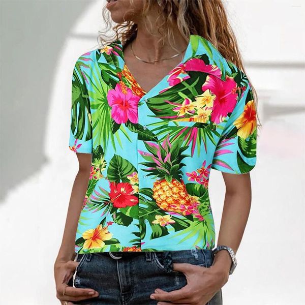 Damenblusen, große Größe, Damenbekleidung, 2023, Sommer, Hawaii-Hemd, Bluse, Vordertasche, Blätter, Blume, Ananas-Druck, Blusas, elegantes De