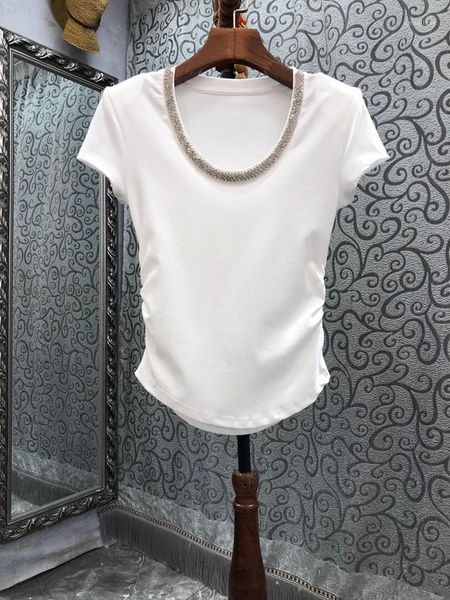 T-shirt da donna 2023 Moda donna manica corta Scollo casual Spalline in rilievo Pieghe laterali T-shirt slim Top 0604