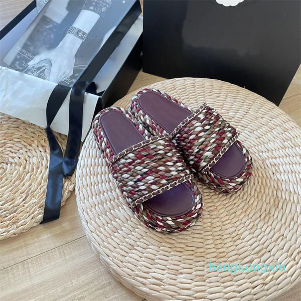 Designer-Hausschuhe mit rundem Kopf und dickem Boden, handgestrickte Zwirnoberflächen-Hausschuhe, Designer-Sandalen, Damen-Stil, Strand, Flip-Flops, gestrickte flache Schuhe mit Box