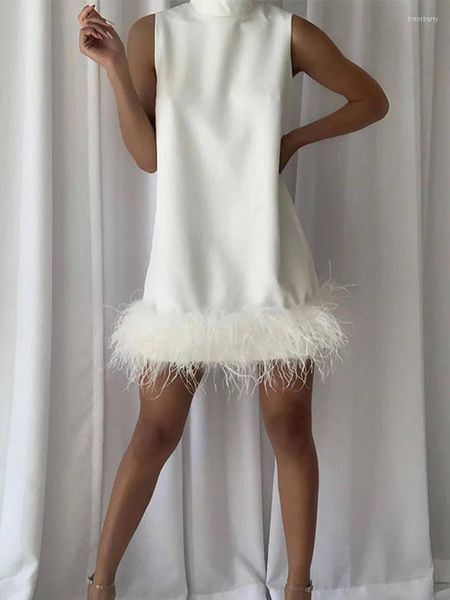 Lässige Kleider Strauß Feder Frauen Kleid Mini 2023 Ärmellose Elegante Kurze Weibliche Stehkragen Frühling Gerade Damen Robe
