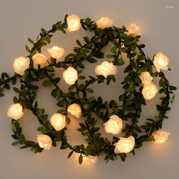 Flores decorativas 10/20LED Rose Vine Flor artificial LED Light String Coroa de plantas falsas Decoração para casa Aniversário Decoração de festa de casamento