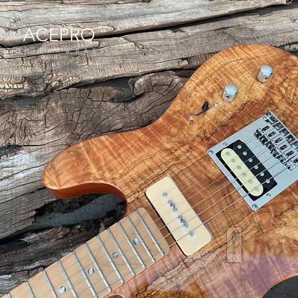 Pegs Acepro Doğal Renk Elektro Gitar Kızartma Akçaağaç Boyun 2 Pip Mahogany Vücut Spalted Maple Üst Abalone Noktalar Makya Ücretsiz Nakliye