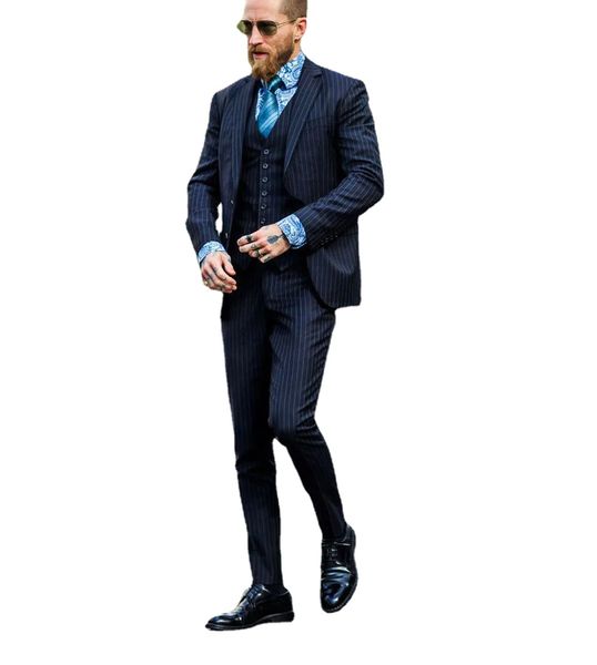 Marineblauer Streifen-Hochzeits-Smoking, 3-teilig, zwei Knöpfe, spitzes Revers, Party, Abschlussball, bester Herren-Blazer-Anzug (Jacke + Weste + Hose)