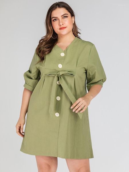 Vestidos plus size verão 2023 feminino decote em V retrô manga única com meia manga cor sólida vestido longo espera para FashionPlus