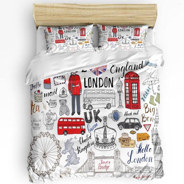 Conjuntos de Roupa de Cama Graffiti Britânico Cultura de Londres Cartoon Doodle Capa de Edredom 3 pçs Conjunto Têxtil Doméstico Colcha Fronhas Sem Lençol