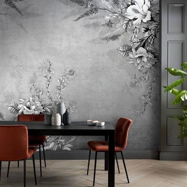 Papéis de parede HAN CHENG Personalizar papel de parede cinza branco folhas plantas flores design moderno floral murais de parede papel
