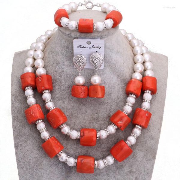 Collana Orecchini Set Dudo Nigerian Jewelry Dubai Orange Original Coral Beads Imitazione Perla 2023 Moda