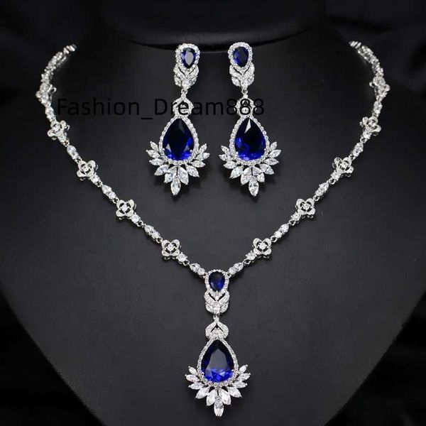 set di gioielli da sposa in argento 925 da sposa set di orecchini pendenti con collana con ciondolo in zircone verde blu di alta qualità per donna