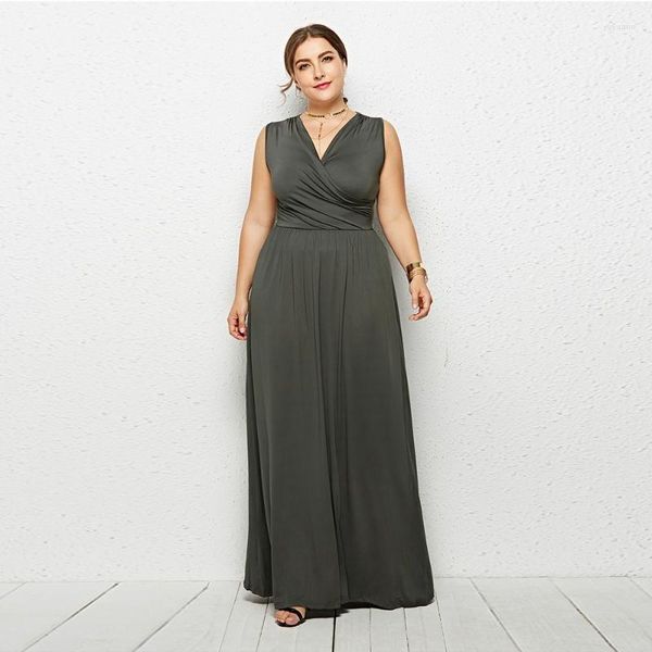 Artı Boyutu Elbiseler Büyük Zarif Maxi Kadın Elbise Moda Kolsuz Yaz Giyim Vintage V Yaka Gece Elbisesi Kadın Kısa Vestidos