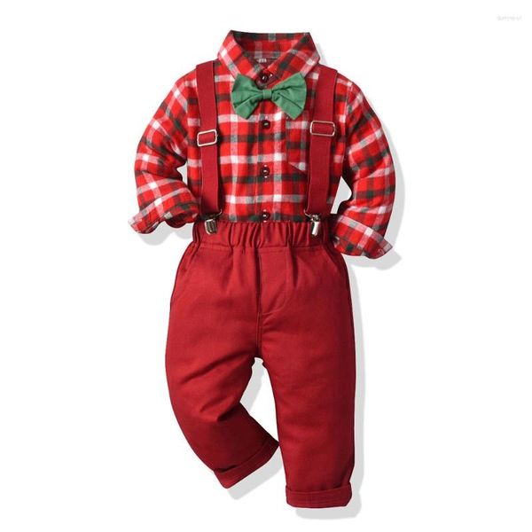 Kleidungssets für Jungen, Weihnachtskleidung, langärmelig, karierte T-Shirts, rote Hosen, Jungen-Outfit, Fliege, 9 Monate, 1, 2, 3, 4, 5, 6 Jahre, Baby