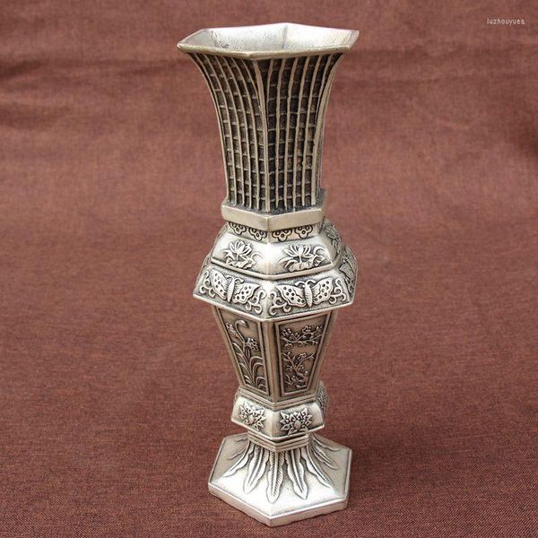 Vasen Archaize Einrichtungsgegenstände Sechseckige Vase aus weißem, vermessingtem Silber
