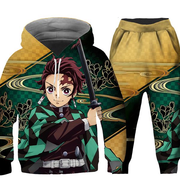 Camisetas Japonês Anime Kimetsu No Yaiba 3D Printed Hoodie Suits Tanjiro Kamado Sweatshirts Meninos Meninas Demon Slayer Cartoon Conjunto de Roupas 230627