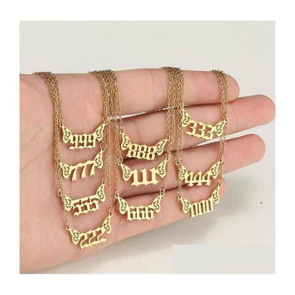 Anhänger Halsketten Edelstahl Glückszahl Engelsflügel 000 999 Gold Palted Choker Bijoux Zierliches Weihnachtsgeschenk Großhandel Drop Del Dhy2V