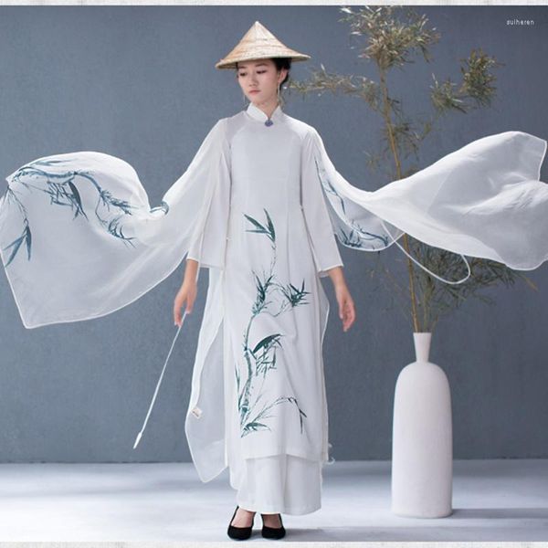 Abbigliamento etnico Abito tradizionale cinese Vestido Cheongsam Qipao Oriental Ink Paint Flare Sleeve Costume Vietnam TA1411