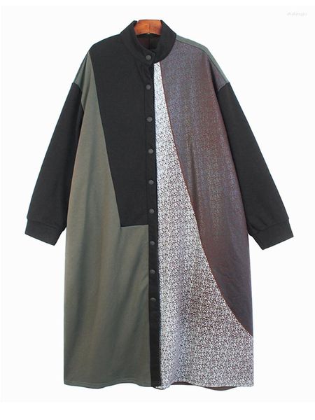 Giacche da donna Vestibilità ampia Color-block Giacca lunga di grandi dimensioni Cappotto con colletto alla coreana Cappotto da donna Moda Marea Primavera Autunno 2023 C369
