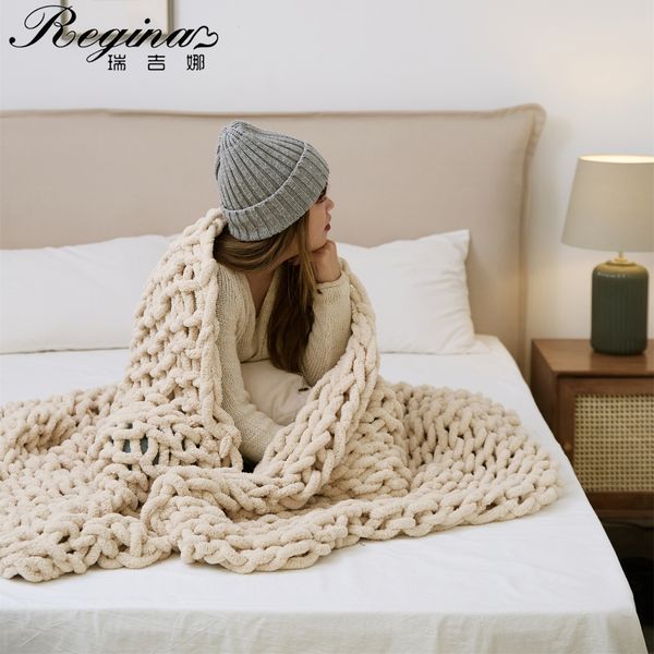 Cobertores REGINA Cozy Chenille Chunky Malha Cobertor Para Cama Sofá Quarto Decorativo Tapete Tapete Colcha De Verão 230626