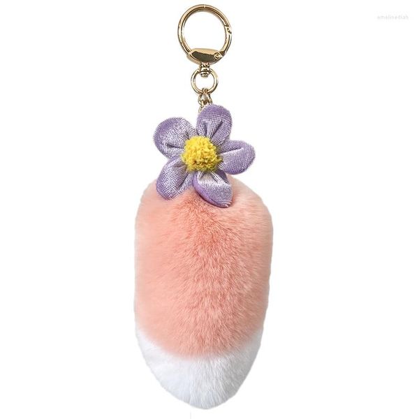 Schlüsselanhänger Luxus Niedliche Flauschige Fell Metall Diy Blume Schwanz Rosa Schlüsselbund Schlüsselbund Für Auto Schlüssel PomPom Schmuck Zubehör Frauen Geschenk