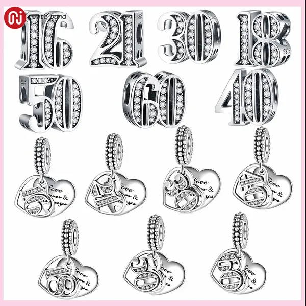 Charms in argento 925 con perline adatte al braccialetto con charm pandora Numeri arabi 16 18 21 30 40 50 Set di ciondoli numerici