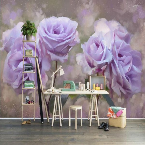 Papéis de parede Papel de parede 3d personalizado para paredes Melhoria da casa Papel de parede de seda moderno simples roxo rosa flores parede de fundo