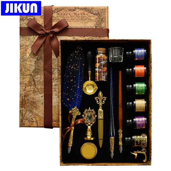 Ручки Jikun Classic Glass Dip Pens 18 Nibs 6 Цветные чернила набор с уплотнением восковой штамп Винтажный набор из фонтана с фонтаном