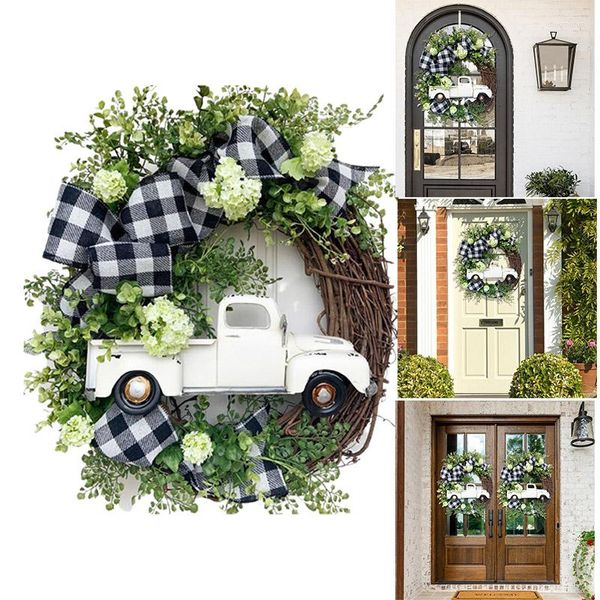 Coroa de flores decorativas para caminhão de fazenda de verão A última maneira de dar as boas-vindas à decoração da porta da frente Sinal redondo para pendurar H88F