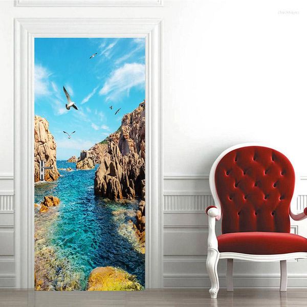 Papéis de parede 3D PVC à prova d'água Adesivos de porta Decoração de casa Murais de parede Papel de parede DIY Quarto Decoração de quarto Vista para o mar Poster Adesivo