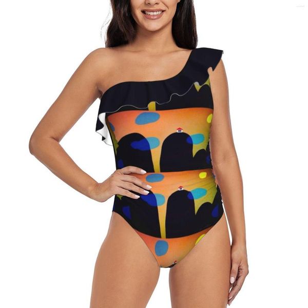 Costumi da bagno da donna Dream House Costume da bagno monospalla con volant da donna Abbigliamento da spiaggia sexy Costumi da bagno estivi Divertente cartone animato al tramonto