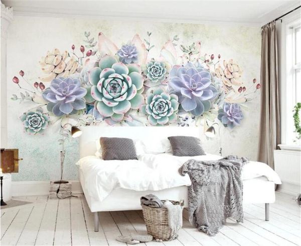 Papéis de parede Bacal Personalizado Grande Mural 3D Papel de Parede Pequeno Fresco Suculento Estilo Aquarela Estéreo TV Fundo Papel de Parede Flor