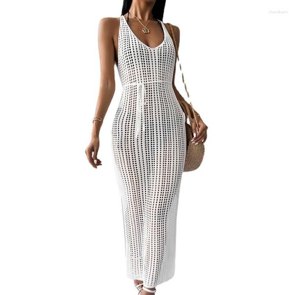 Menas de banho feminina sem costas Hollow Out malha de crochê túnica de túnica encobrimento de praia de verão feminino 2023 partido elegante malha bodycon