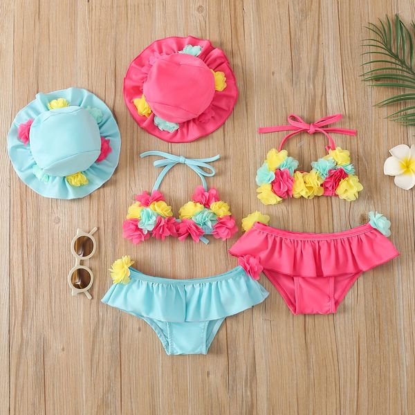 Zweiteilige 3-teilige Mädchen-Bikini-Sets, Baby-Badebekleidung, Halter, Blumen-BH, Rüschenrock, Sonnenkappen, Kleinkind-Badeanzug, Kleinkind-Strandbekleidung, 0–24 Monate, 230627