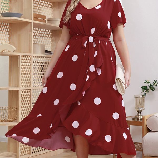 Vestidos tamanho grande Bolinhas Tamanho Simples Moda Cintura Elástica Estampa Temperamento Saia Feminina Decote em V Gravata Comprimento até o chão 4XL 230627