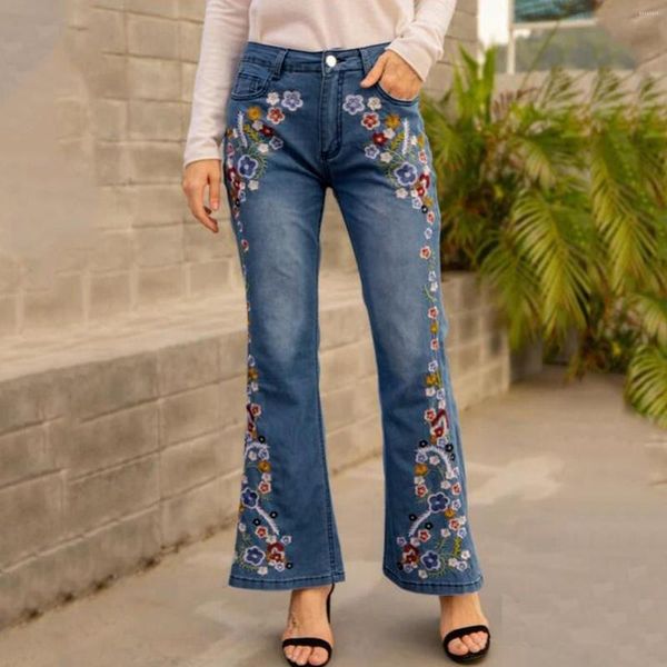 Jeans Feminino Calças de Perna Reta Bottom Floral Bordado Bootcut Denim Sino Harajuku Cintura Alta Calças Largas Moda Vintage 4