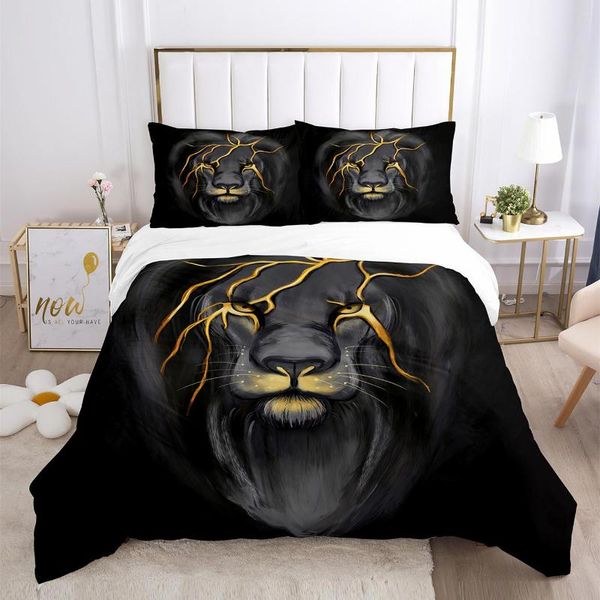 Conjuntos de cama Conjunto de capa de edredom de alta qualidade Estampa de luxo Ouro Preto Leão que chora Ferocious Animal Edredom Fronha Rosa Tigre