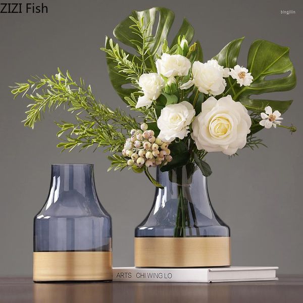 Vasi Modern Blue Gold Bottom Glass Home Room Ingresso Decorazione floreale idroponica Tavolo da pranzo romantico Decorazione vaso di fiori