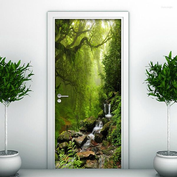 Обои 3D дверные наклейки ПВХ водостойкие самоклеящиеся зеленые лесные камни ручей настенные обои для кухни гостиной спальни стены