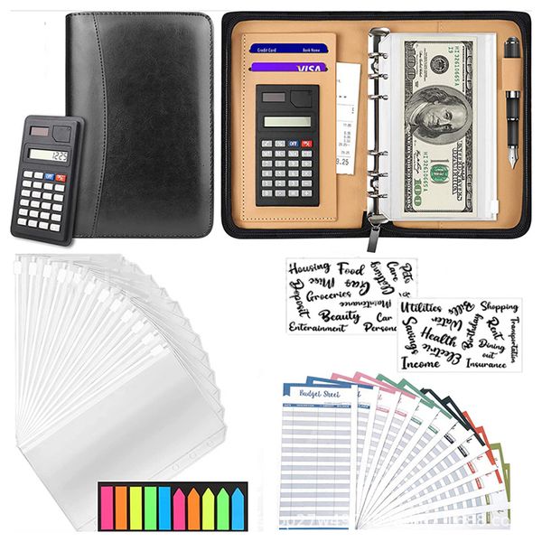 Notepads A6A5 Business PU Leather Folder Padfolio Budget Binder Cash Envelope Organizer With Clear Zipper Sheets Calculator 230627
