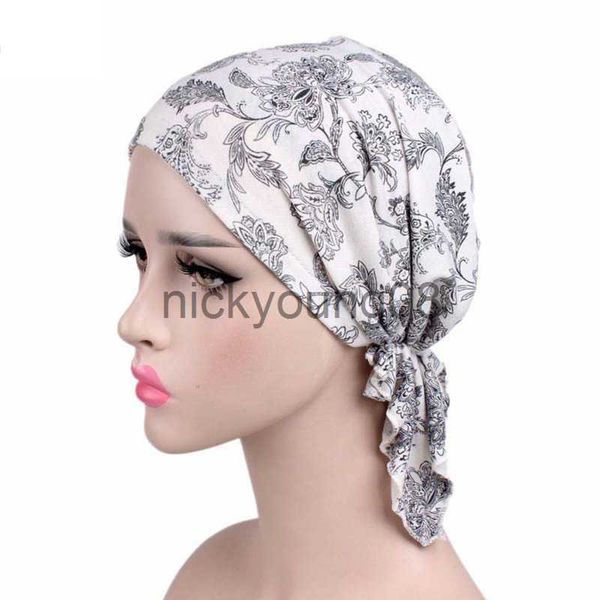 Bandanas 14 Estilos Chapéu Muçulmano Estampado Feminino Chapéu Chemo com Folhos de Câncer Gorro Cachecol Cabeça Envoltório Boné Moda Feminina Étnico Estampado Indiano Chapéu x0628