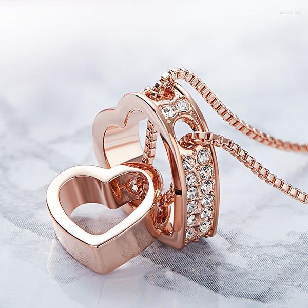 Anhänger Halsketten Gold Farbe Österreichischen Kristall Doppel Herz Halskette Für Frauen Schlüsselbein Kette Elegante Charme Hochzeit Schmuck