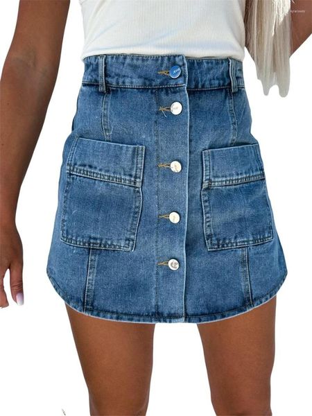 Röcke Damen Mini Denim Sexy Vintage Spandex Hohe Taille Vordertasche Button-Down Slim Fit Jean Skorts Streetwear