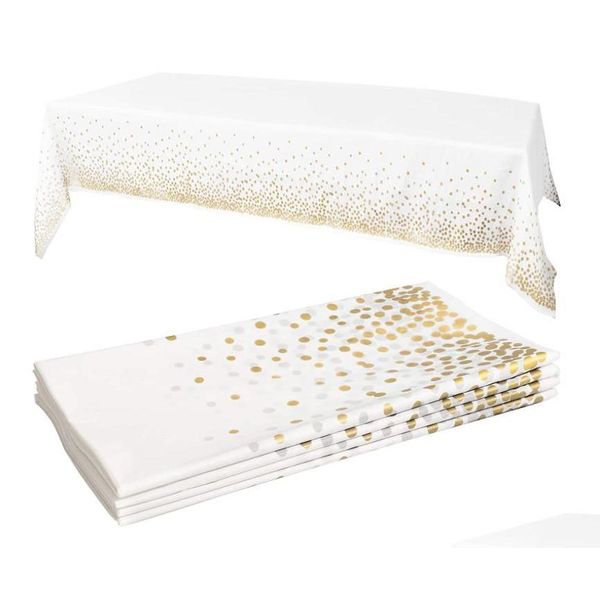 Украшение для вечеринки Белый пластиковый стол Er Rec Gold Dot Confetti Одноразовые скатерти на день рождения Выпускной Новый год Юбилей 54 Dhsnv